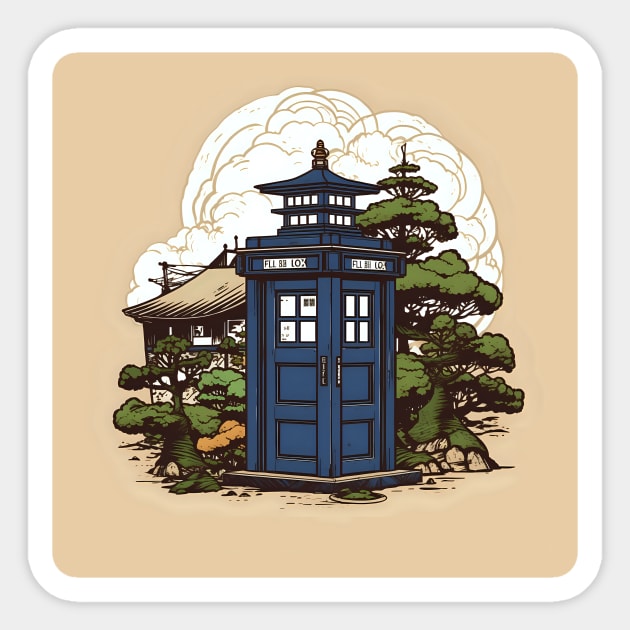 Vintage illustration of tardis in Japan Sticker by KOTYA